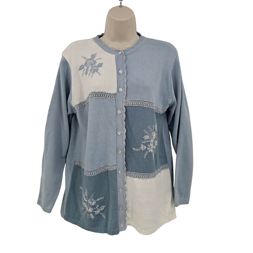 VTG Jenny Cardigan Sweater Women M Blue Embroidery Patchwork Grandmacore Cottage